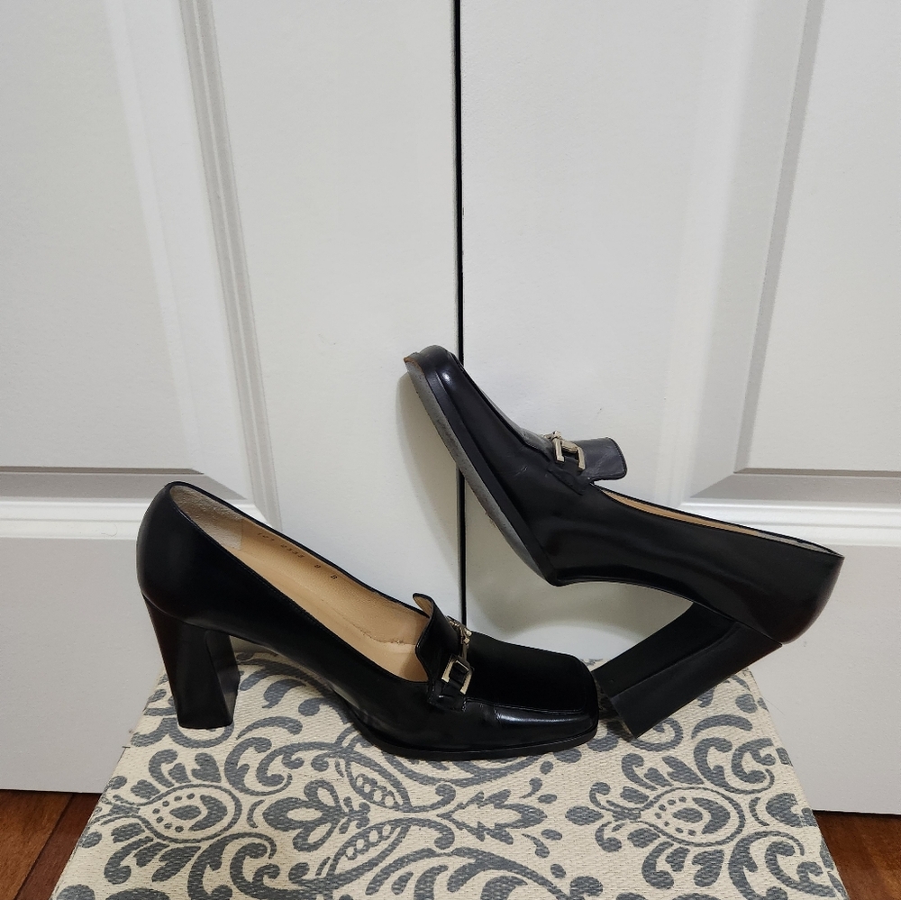 VINTAGE Gucci Black Leather Square Horsebit Square Toe Pumps Size 8 - Picture 5 of 7